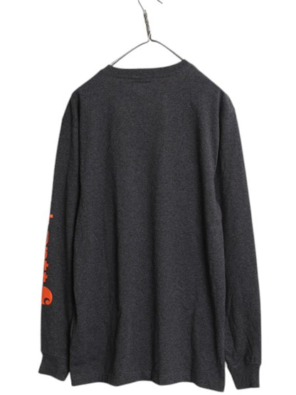 デッドストック カーハート プリント 長袖 Tシャツ メンズ S / 新品 ロンT 袖プリント ヘビーウェイト クルーネック ロングスリーブ 濃灰