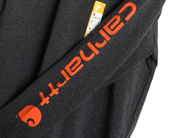 デッドストック カーハート プリント 長袖 Tシャツ メンズ S / 新品 ロンT 袖プリント ヘビーウェイト クルーネック ロングスリーブ 濃灰