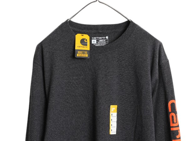 デッドストック カーハート プリント 長袖 Tシャツ メンズ S / 新品 ロンT 袖プリント ヘビーウェイト クルーネック ロングスリーブ 濃灰