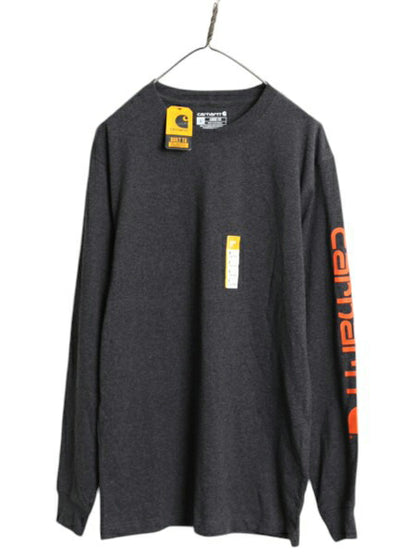 デッドストック カーハート プリント 長袖 Tシャツ メンズ S / 新品 ロンT 袖プリント ヘビーウェイト クルーネック ロングスリーブ 濃灰