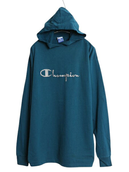90s USA製 チャンピオン フード パーカー メンズ L 古着 オールド プルオーバー 長袖 Tシャツ ロンT ロゴT ヘビーウェイト スクリプト ロゴ
