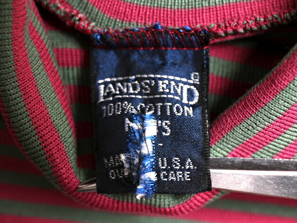 90s USA製 ランズエンド タートルネック ボーダー 長袖 Tシャツ メンズ S / オールド ロンT 薄手 ストレッチ コットン スムース カットソー