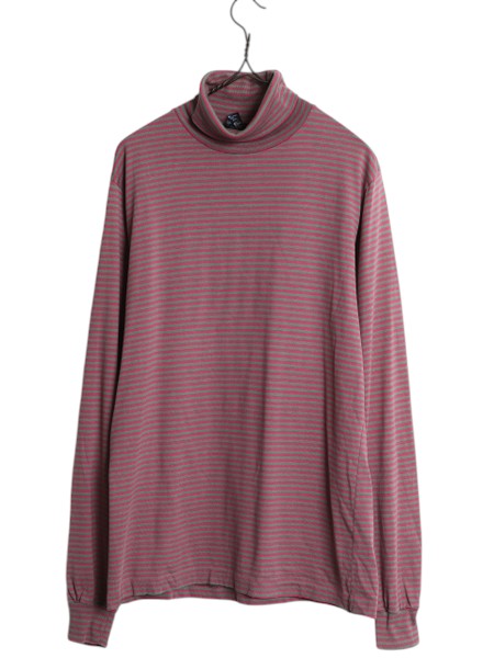 90s USA製 ランズエンド タートルネック ボーダー 長袖 Tシャツ メンズ S / オールド ロンT 薄手 ストレッチ コットン スムース カットソー