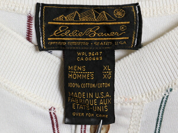 90s USA製 エディーバウアー ヘンリーネック 総柄 長袖 Tシャツ メンズ XL / 黒タグ オールド ロンT ストライプ カットソー 大きいサイズ