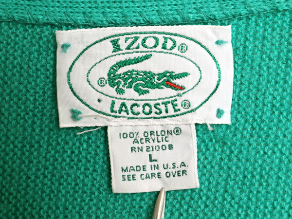 80s USA製 ラコステ アクリル ニット カーディガン メンズ レディース L 古着 ヴィンテージ 羽織り 前開き セーター ワンポイント グリーン