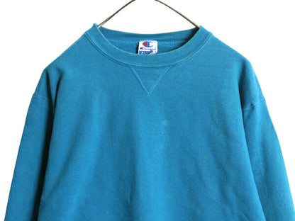 90s チャンピオン 無地 スウェット XL 小さめ メンズ L 程 古着 オールド トレーナー 前V 裏起毛 ワンポイント ブランク ヘビーウェイト 青