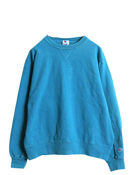 90s チャンピオン 無地 スウェット XL 小さめ メンズ L 程 古着 オールド トレーナー 前V 裏起毛 ワンポイント ブランク ヘビーウェイト 青