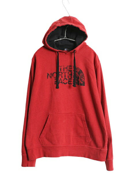 ノースフェイス プリント スウェット フード パーカー メンズ M トレーナー プルオーバー 裏起毛 アウトドア グラフィック ツートン 赤 黒