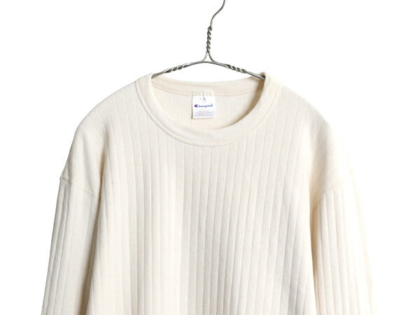 90s USA製 チャンピオン 長袖 Tシャツ メンズ L / オールド リブ編み 針抜き ロンT ロングスリーブ カットソー ストレッチ 無地 ナチュラル