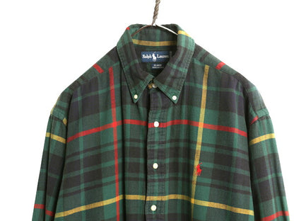 90s ラルフローレン チェック ボタンダウン フランネル シャツ メンズ L オールド ポロ 長袖シャツ ネルシャツ マルチカラー ワンポイント