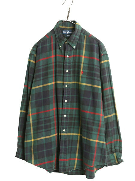 90s ラルフローレン チェック ボタンダウン フランネル シャツ メンズ L オールド ポロ 長袖シャツ ネルシャツ マルチカラー ワンポイント