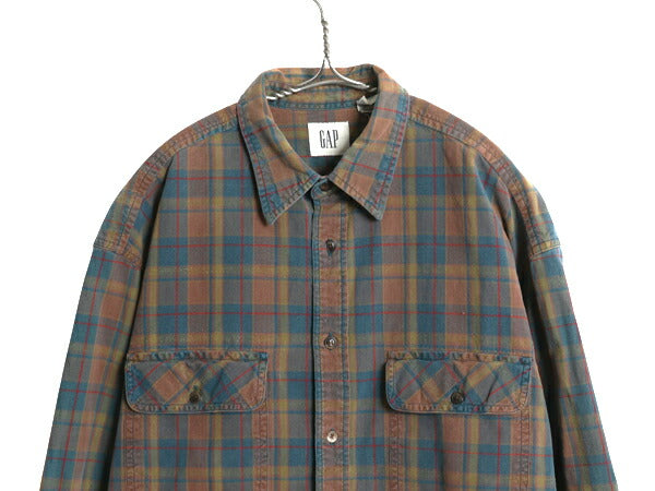 00s オールド ギャップ チェック 長袖 シャツ メンズ L 古着 旧タグ ヘビーウェイト コットン ゆったり カジュアル マルチカラー シンプル