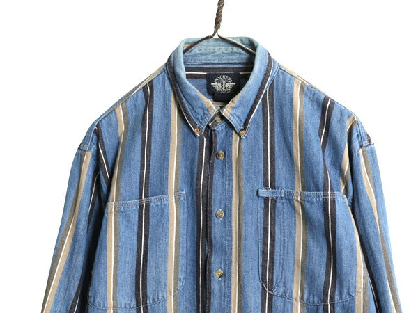 90s ドッカーズ リーバイス ストライプ 長袖 デニム シャツ キッズ L メンズ S 程/ 古着 オールド ワンポイント マルチカラー 長袖シャツ