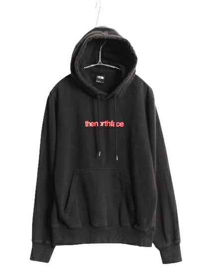 US企画 ノースフェイス 両面 プリント スウェット フード パーカー メンズ S 古着 裏起毛 グラフィック プルオーバー トレーナー ブラック