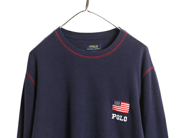 ポロ ラルフローレン サーマル 長袖 Tシャツ メンズ XL / ロンT ロングスリーブ ストレッチ カットソー ワッフル ワンポイント 星条旗 紺
