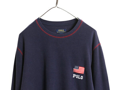 ポロ ラルフローレン サーマル 長袖 Tシャツ メンズ XL / ロンT ロングスリーブ ストレッチ カットソー ワッフル ワンポイント 星条旗 紺