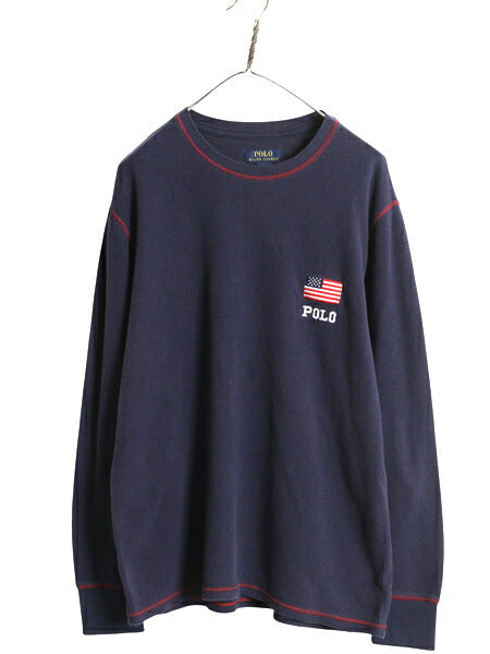 ポロ ラルフローレン サーマル 長袖 Tシャツ メンズ XL / ロンT ロングスリーブ ストレッチ カットソー ワッフル ワンポイント 星条旗 紺