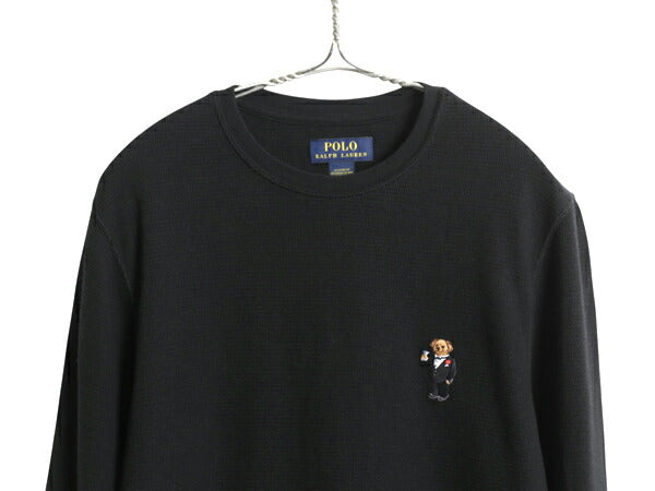 ポロベア ポロ ラルフローレン 長袖 サーマル Tシャツ メンズ М ロンT ワッフル ワンポイント キャラクター カットソー シンプル ブラック