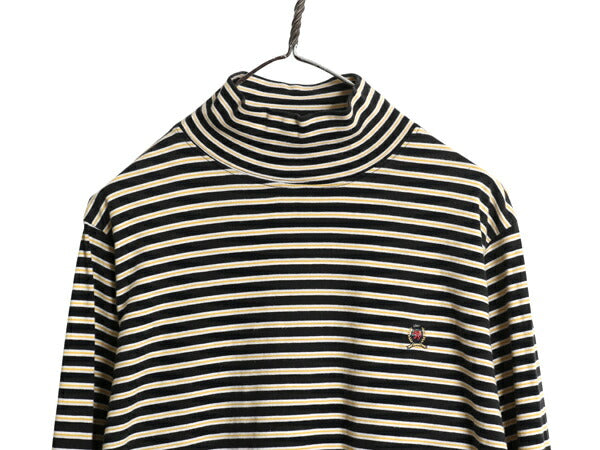 90s トミー ヒルフィガー ボーダー 長袖 Tシャツ メンズ XL / ロングスリーブ ストレッチ コットン ハイネック ワンポイント 大きいサイズ