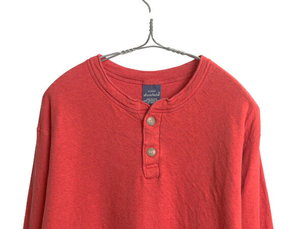 90s USA製 デュオフォールド ヘンリーネック 長袖 Tシャツ メンズ XL / 古着 オールド 無地 ロンT カットソー ストレッチ 2レイヤー レッド