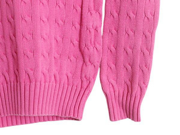 ラルフローレン Vネック コットン ケーブル ニット セーター レディース М / ポロ 長袖ニット ワンポイント ポニー刺繍 シンプル ピンク