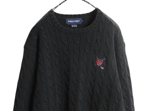 90s ポロゴルフ ラルフローレン コットン ケーブル ニット セーター メンズ L / オールド ポロ 長袖ニット ワンポイント クルーネック 黒