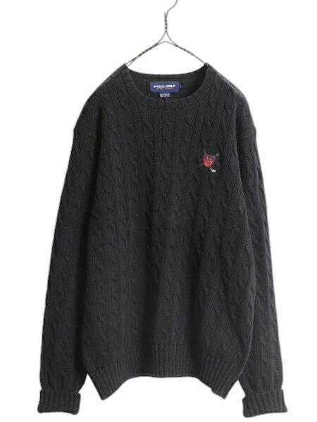 90s ポロゴルフ ラルフローレン コットン ケーブル ニット セーター メンズ L / オールド ポロ 長袖ニット ワンポイント クルーネック 黒