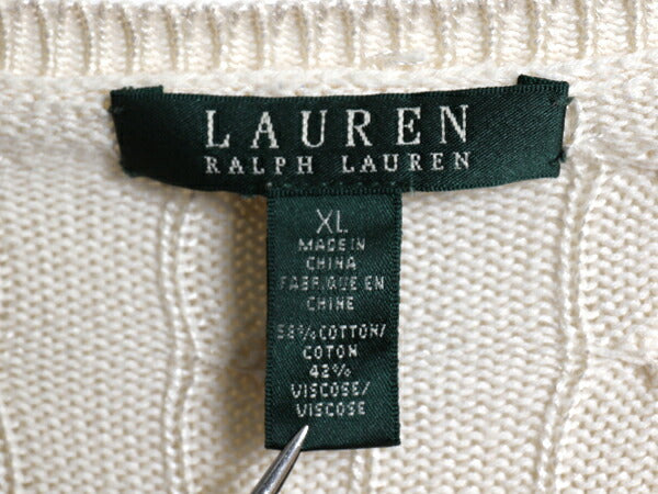 00s LAUREN ラルフローレン デザイン ケーブル ニット セーター レディース XL / オールド ポロ 肩ボタン ポニー無し コットン ナチュラル