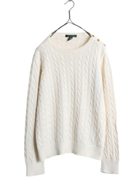 00s LAUREN ラルフローレン デザイン ケーブル ニット セーター レディース XL / オールド ポロ 肩ボタン ポニー無し コットン ナチュラル