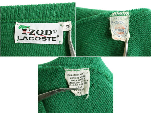 70s USA製 ラコステ Vネック アクリル ニット セーター メンズ レディース XL ヴィンテージ IZOD LACOSTE 糸巻タグ ワンポイント グリーン