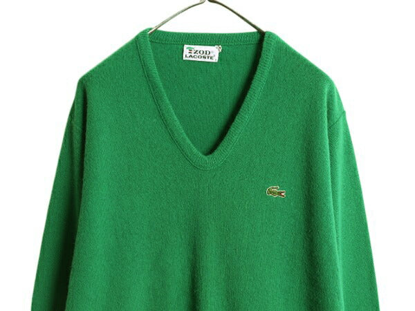 70s USA製 ラコステ Vネック アクリル ニット セーター メンズ レディース XL ヴィンテージ IZOD LACOSTE 糸巻タグ ワンポイント グリーン
