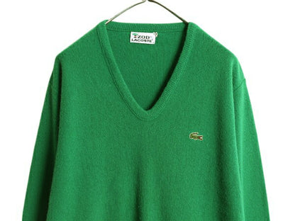 70s USA製 ラコステ Vネック アクリル ニット セーター メンズ レディース XL ヴィンテージ IZOD LACOSTE 糸巻タグ ワンポイント グリーン