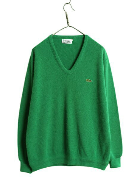 70s USA製 ラコステ Vネック アクリル ニット セーター メンズ レディース XL ヴィンテージ IZOD LACOSTE 糸巻タグ ワンポイント グリーン