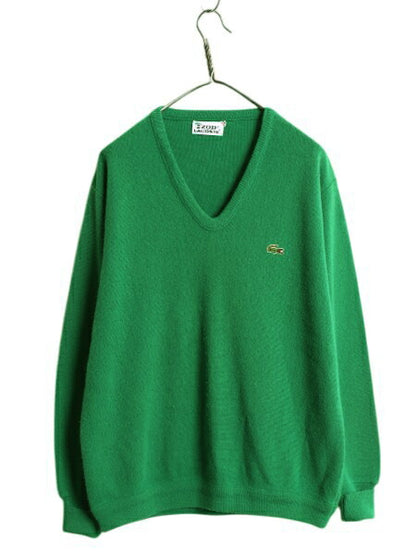 70s USA製 ラコステ Vネック アクリル ニット セーター メンズ レディース XL ヴィンテージ IZOD LACOSTE 糸巻タグ ワンポイント グリーン