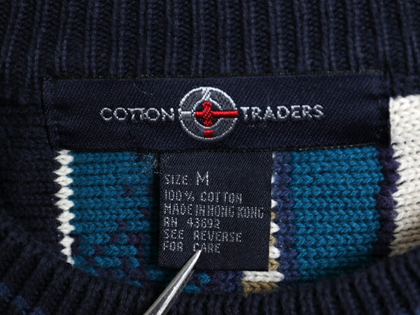 90s COTTON TRADERS 3D 立体編み デザイン ニット セーター メンズ М 古着 オールド コットン 長袖ニット クルーネック 総柄 マルチカラー