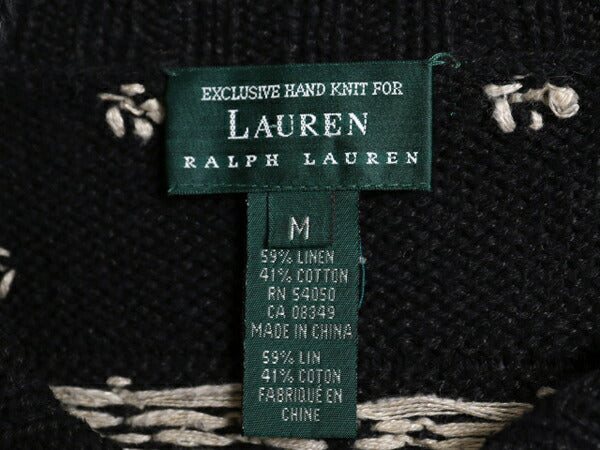 手編み 90s LAUREN ラルフローレン ノルディック ハンド ニット セーター レディース М 古着 オールド ハンドメイド コットン リネン 総柄
