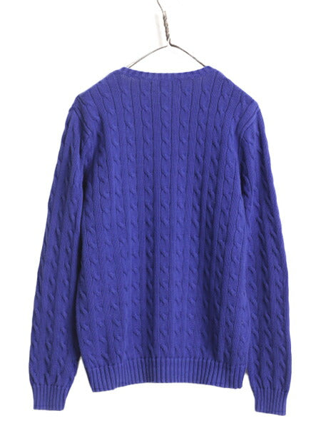 ラルフローレン Vネック コットン ケーブル ニット セーター レディース XL / 古着 POLO 長袖ニット ワンポイント ポニー刺繍 ポロ 青 紫