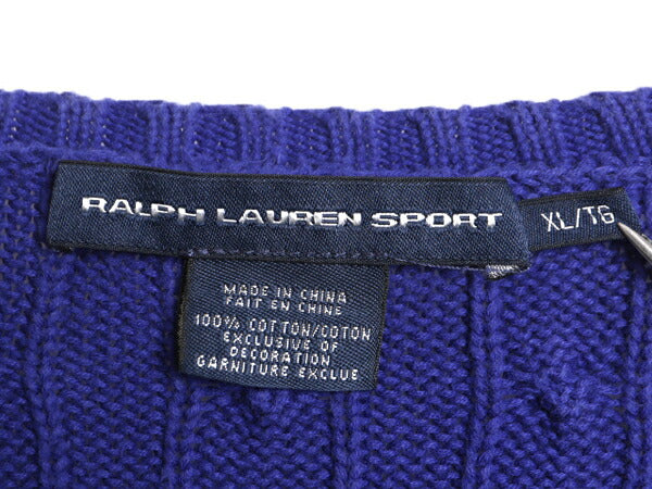 ラルフローレン Vネック コットン ケーブル ニット セーター レディース XL / 古着 POLO 長袖ニット ワンポイント ポニー刺繍 ポロ 青 紫