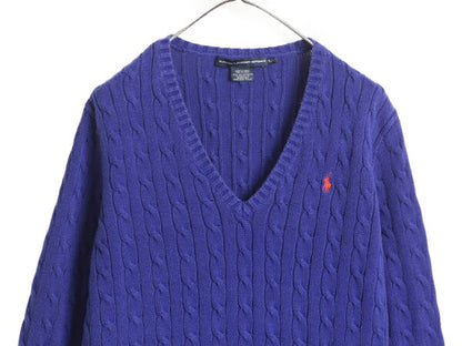 ラルフローレン Vネック コットン ケーブル ニット セーター レディース XL / 古着 POLO 長袖ニット ワンポイント ポニー刺繍 ポロ 青 紫