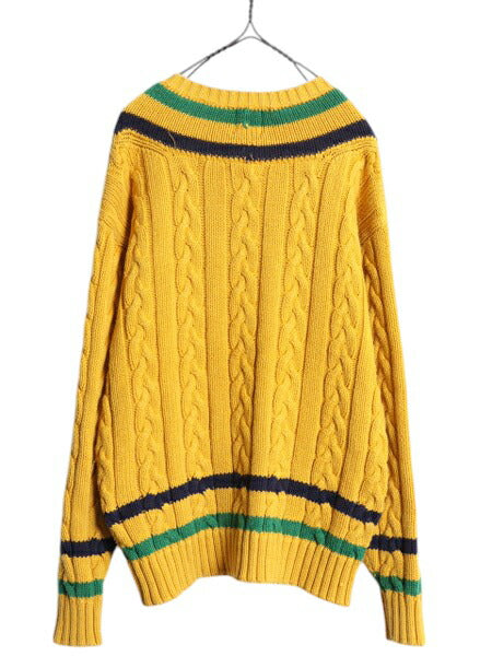 90s OLD GAP チルデン ケーブル ニット セーター メンズ М / 古着 オールド ギャップ 紺タグ Vネック ヘビーウェイト コットン イエロー