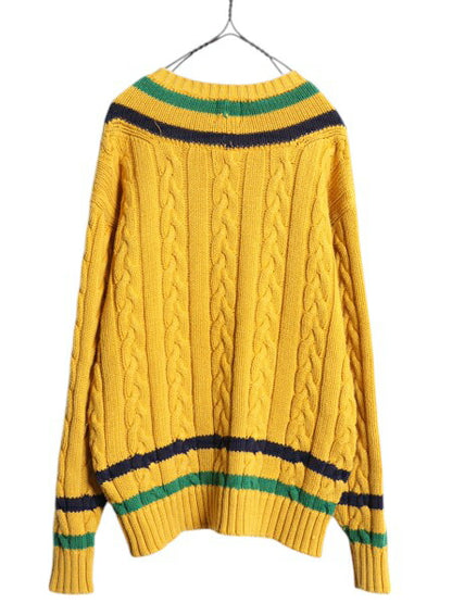 90s OLD GAP チルデン ケーブル ニット セーター メンズ М / 古着 オールド ギャップ 紺タグ Vネック ヘビーウェイト コットン イエロー