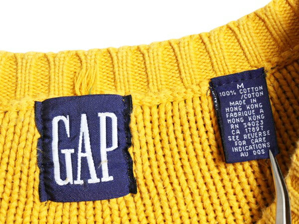 90s OLD GAP チルデン ケーブル ニット セーター メンズ М / 古着 オールド ギャップ 紺タグ Vネック ヘビーウェイト コットン イエロー
