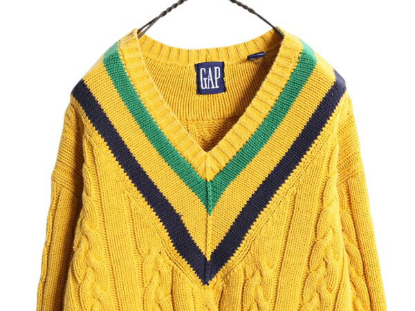 90s OLD GAP チルデン ケーブル ニット セーター メンズ М / 古着 オールド ギャップ 紺タグ Vネック ヘビーウェイト コットン イエロー