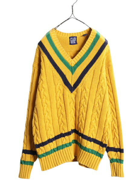 90s OLD GAP チルデン ケーブル ニット セーター メンズ М / 古着 オールド ギャップ 紺タグ Vネック ヘビーウェイト コットン イエロー