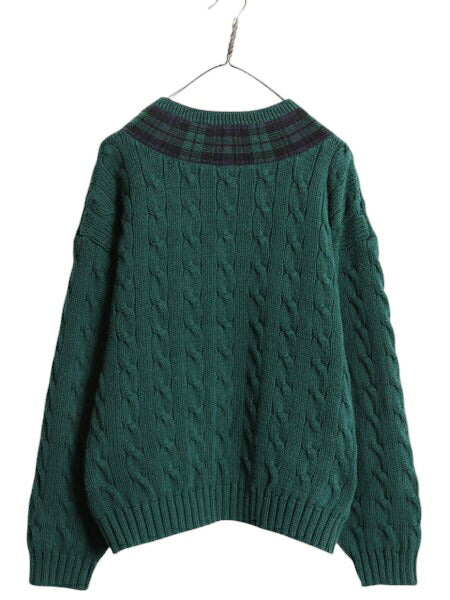 90s OLD GAP チルデン ケーブル ニット セーター メンズ XL 古着 オールド ギャップ 紺タグ Vネック ヘビーウェイト コットン 大きいサイズ