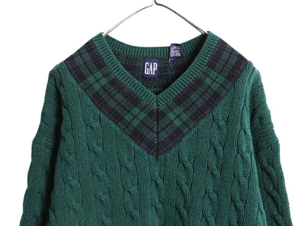90s OLD GAP チルデン ケーブル ニット セーター メンズ XL 古着 オールド ギャップ 紺タグ Vネック ヘビーウェイト コットン 大きいサイズ