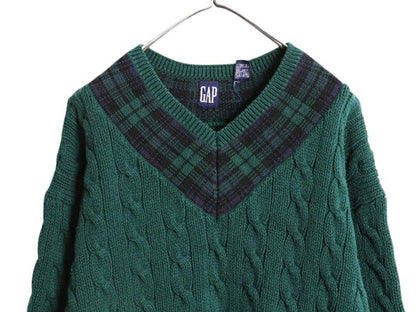 90s OLD GAP チルデン ケーブル ニット セーター メンズ XL 古着 オールド ギャップ 紺タグ Vネック ヘビーウェイト コットン 大きいサイズ