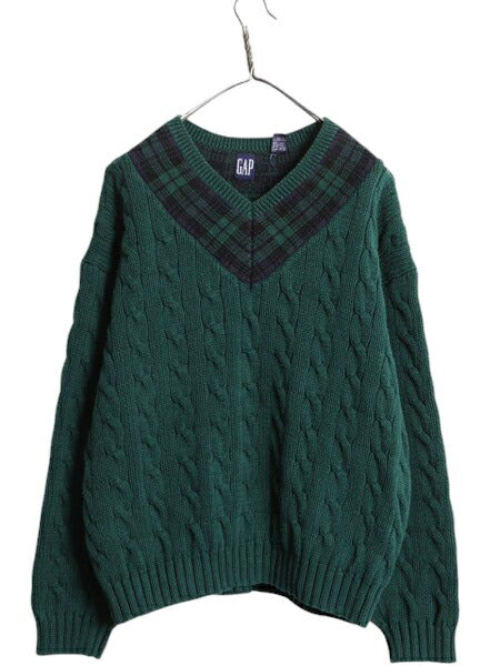 90s OLD GAP チルデン ケーブル ニット セーター メンズ XL 古着 オールド ギャップ 紺タグ Vネック ヘビーウェイト コットン 大きいサイズ
