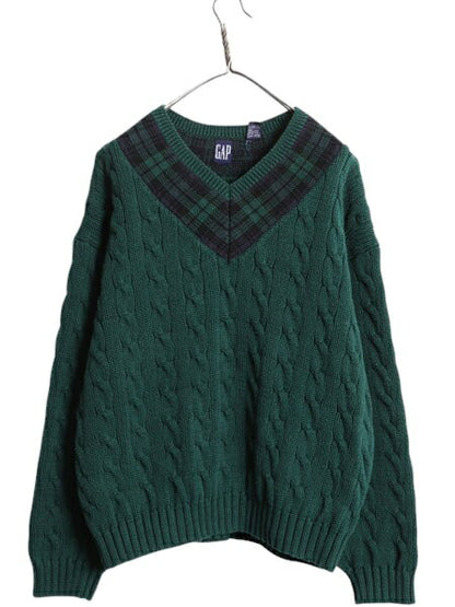 90s OLD GAP チルデン ケーブル ニット セーター メンズ XL 古着 オールド ギャップ 紺タグ Vネック ヘビーウェイト コットン 大きいサイズ