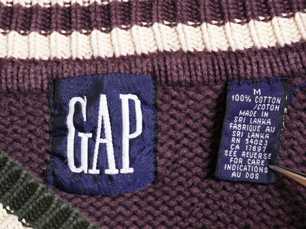 90s OLD GAP チルデン コットン ニット セーター メンズ М 90年代 オールド ギャップ 紺タグ Vネック ヘビーウェイト ケーブル ライン入り